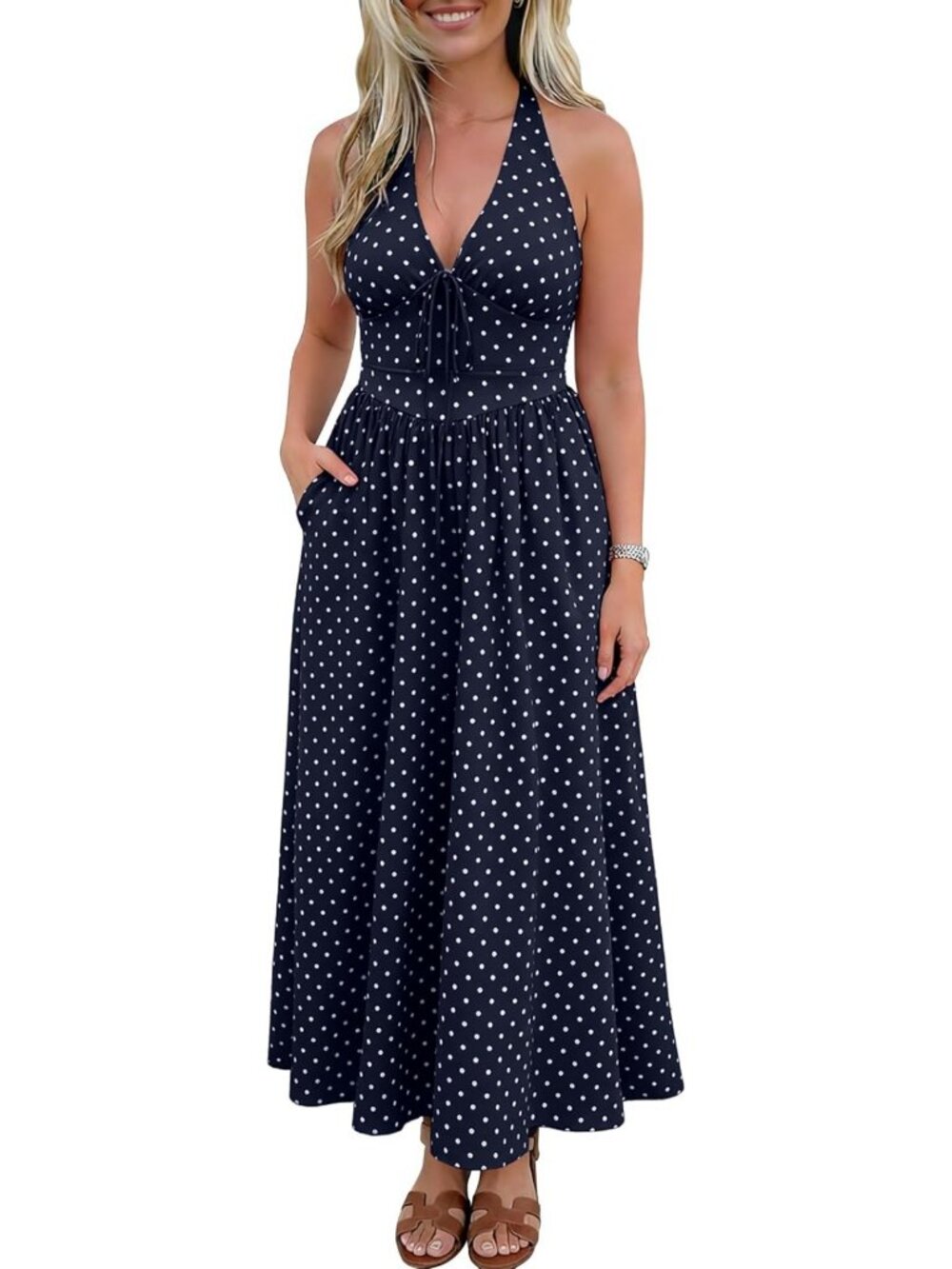 Summer Halter Polka Dot Maxi Dress with Pockets - V Neck Casual Cocktail Style